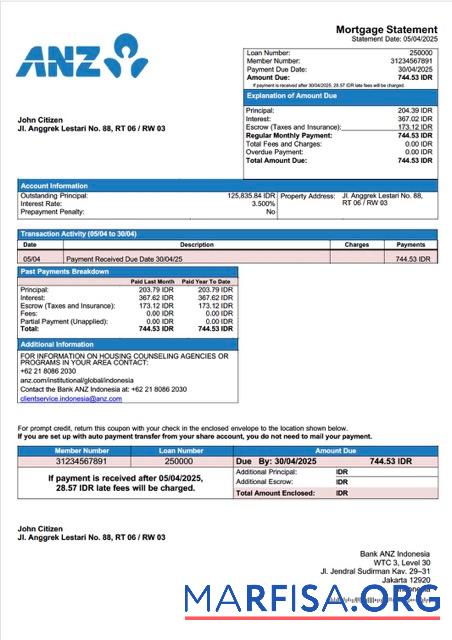 Blank Indonesia Bank ANZ Indonesia mortgage statement Word and PDF template